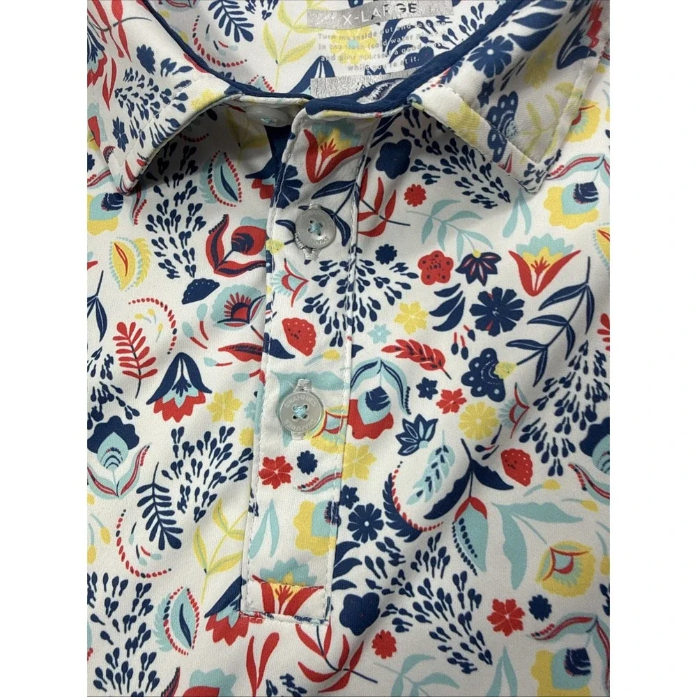 Swannies Men XL Floral Hawaiian AOP Golf Polo Stretch Covered Bridge Logo EUC - Picture 12 of 16